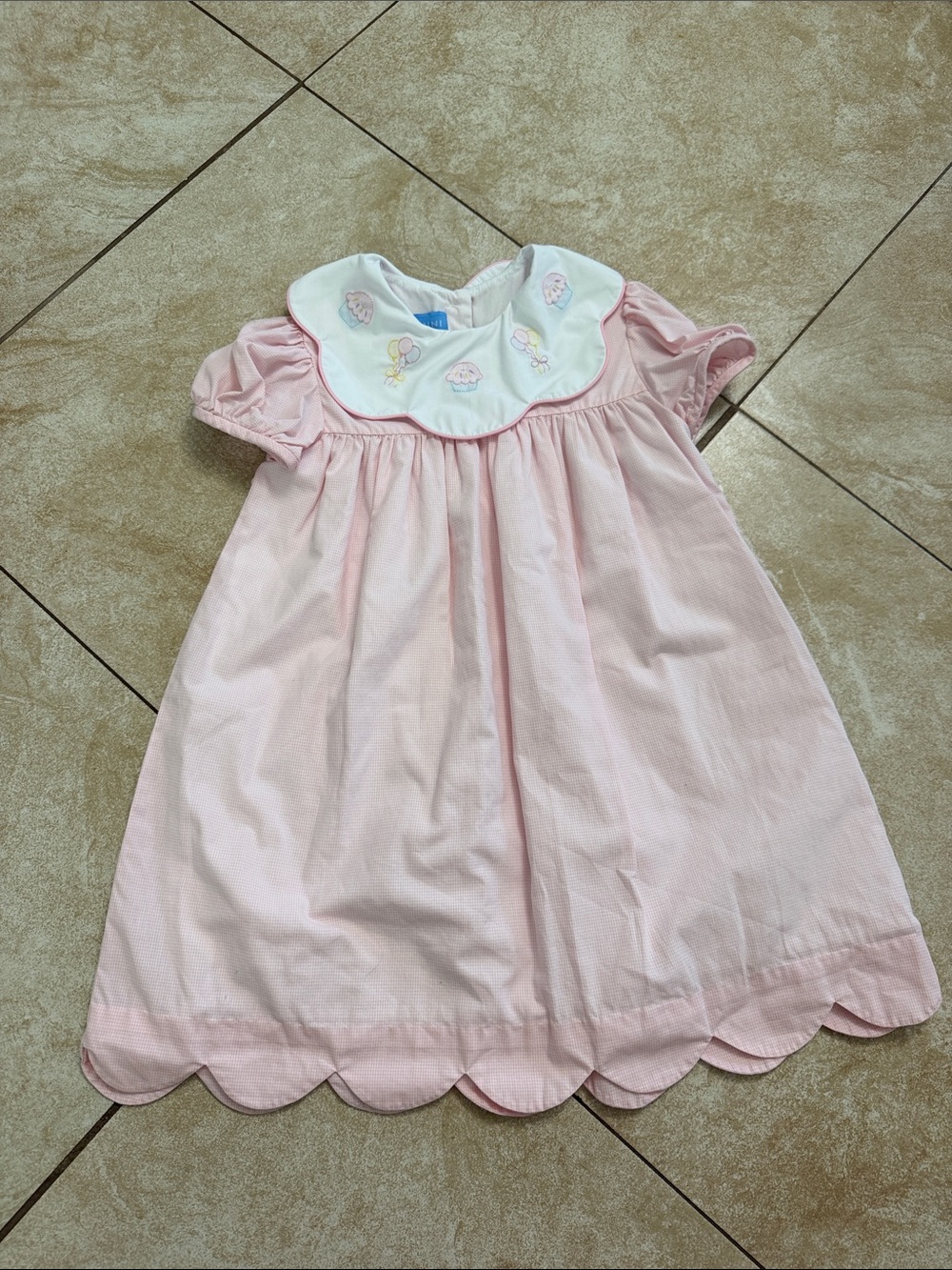 Anavini Girls Pink Gingham Dress - Birthday Shadow Embroidery Scallop Collar